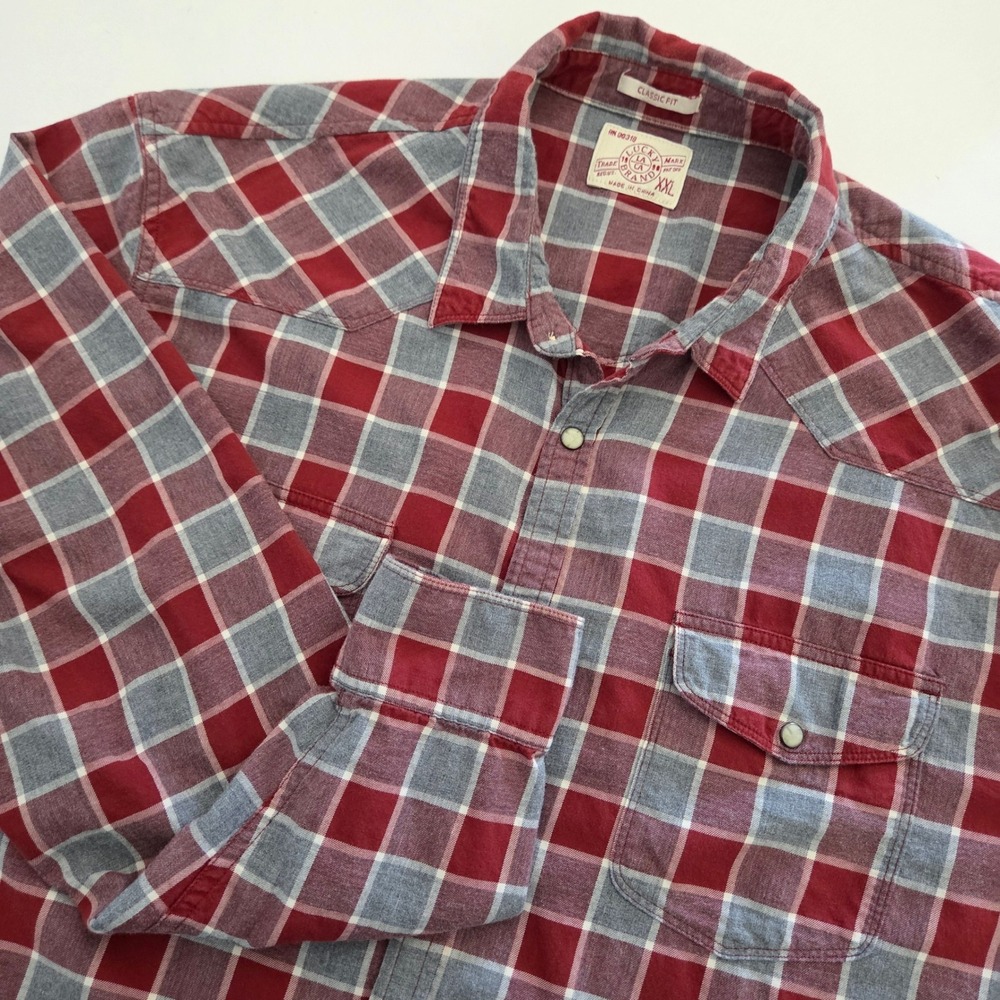 Lucky Brand Western Shirt‎ Red Plaid Pearl Snap Mens XXL